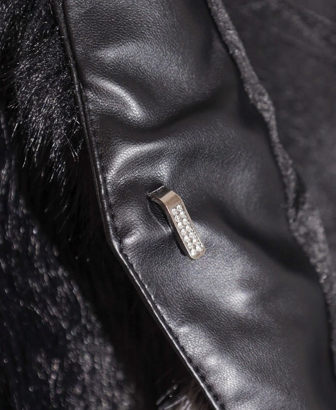 Faux Fur Geometric Accents Gilet (Jewelled Clasp)  Black/Grey