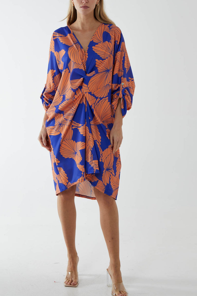 Blue/Orange Floral Twisted-Front Midi Dress