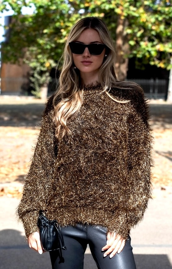 Fluffy metallic gold soft knit jumper