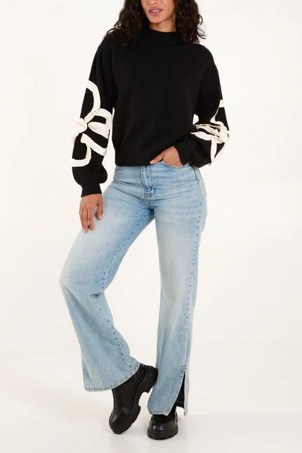 Frill-Flower-Knit-Jumper-womens-black-and-white