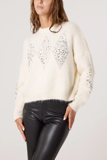 Jumper-with-sequin-diamond-shapes-Cream-djv-boutique