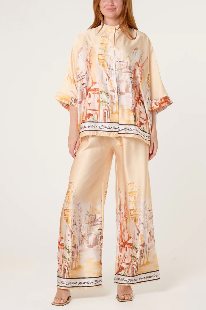 Landscape Print Satin Summer Suit