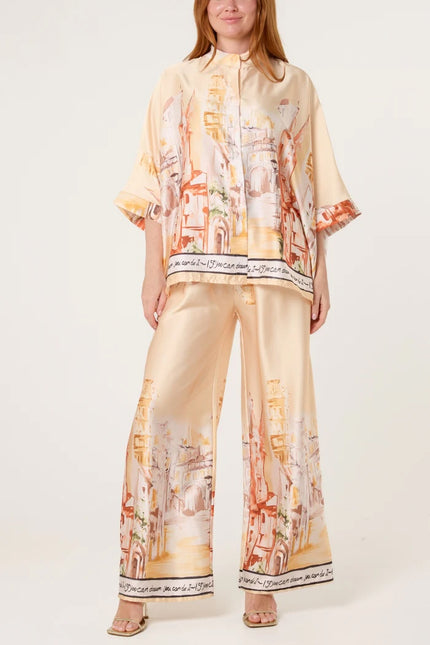 Landscape Print Satin Summer Suit