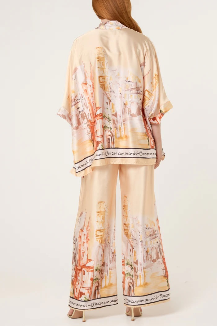 Landscape Print Satin Summer Suit