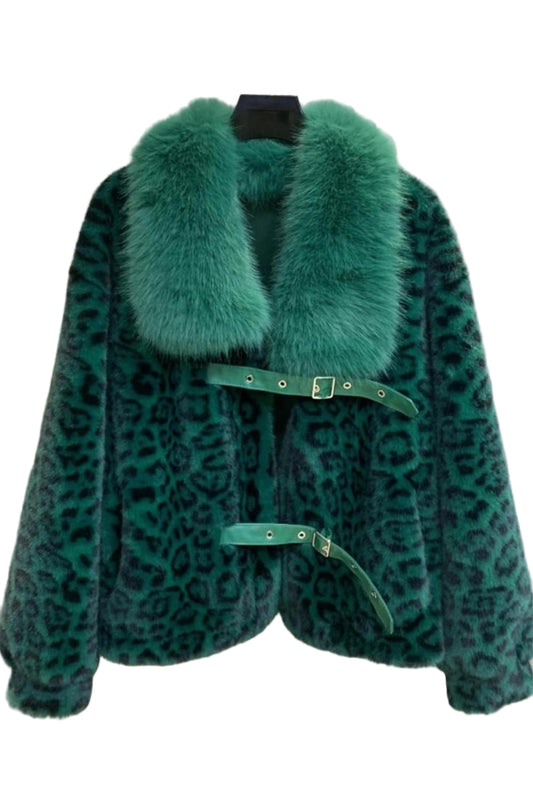 Leopard Print Faux Fur Padded Jacket in Green