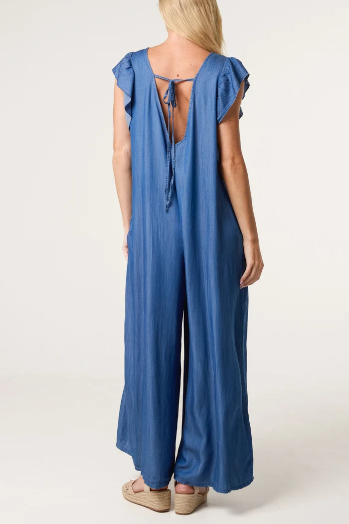 Frill-Sleeved Denim Jumpsuit