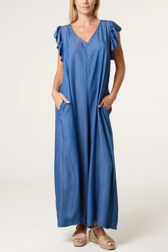 Frill-Sleeved Denim Jumpsuit