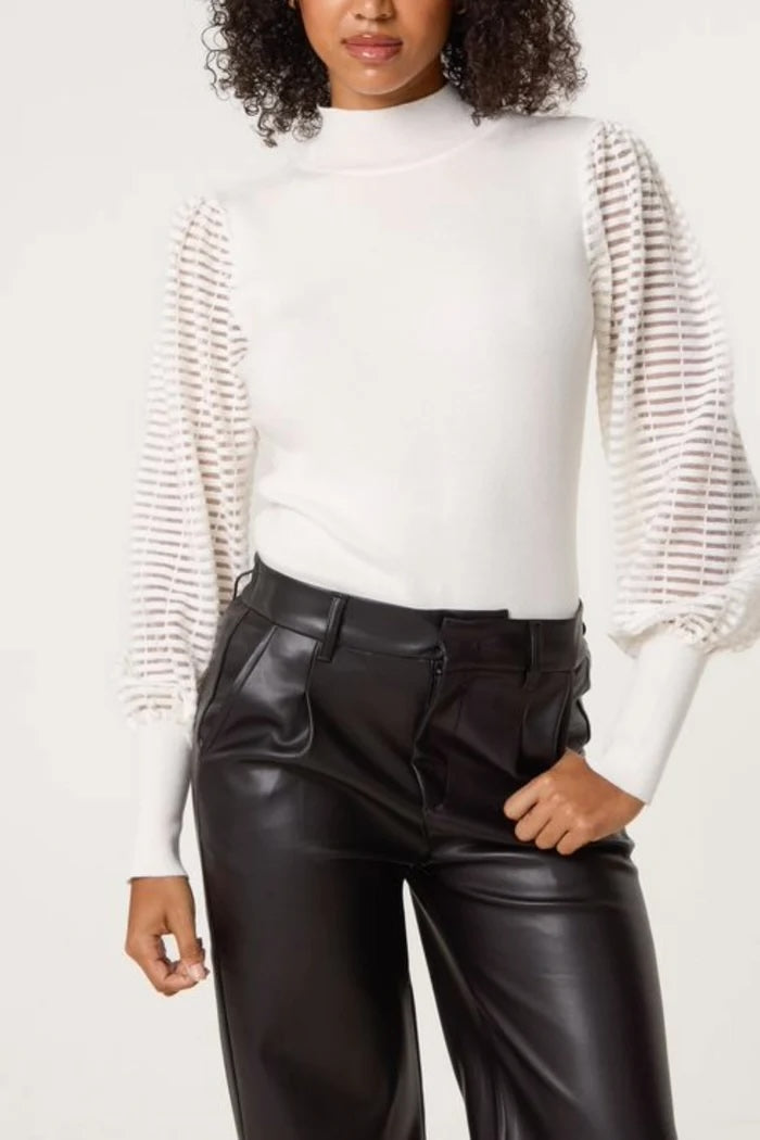 Puffed Sleeve with Sheer Sleeves - Cream