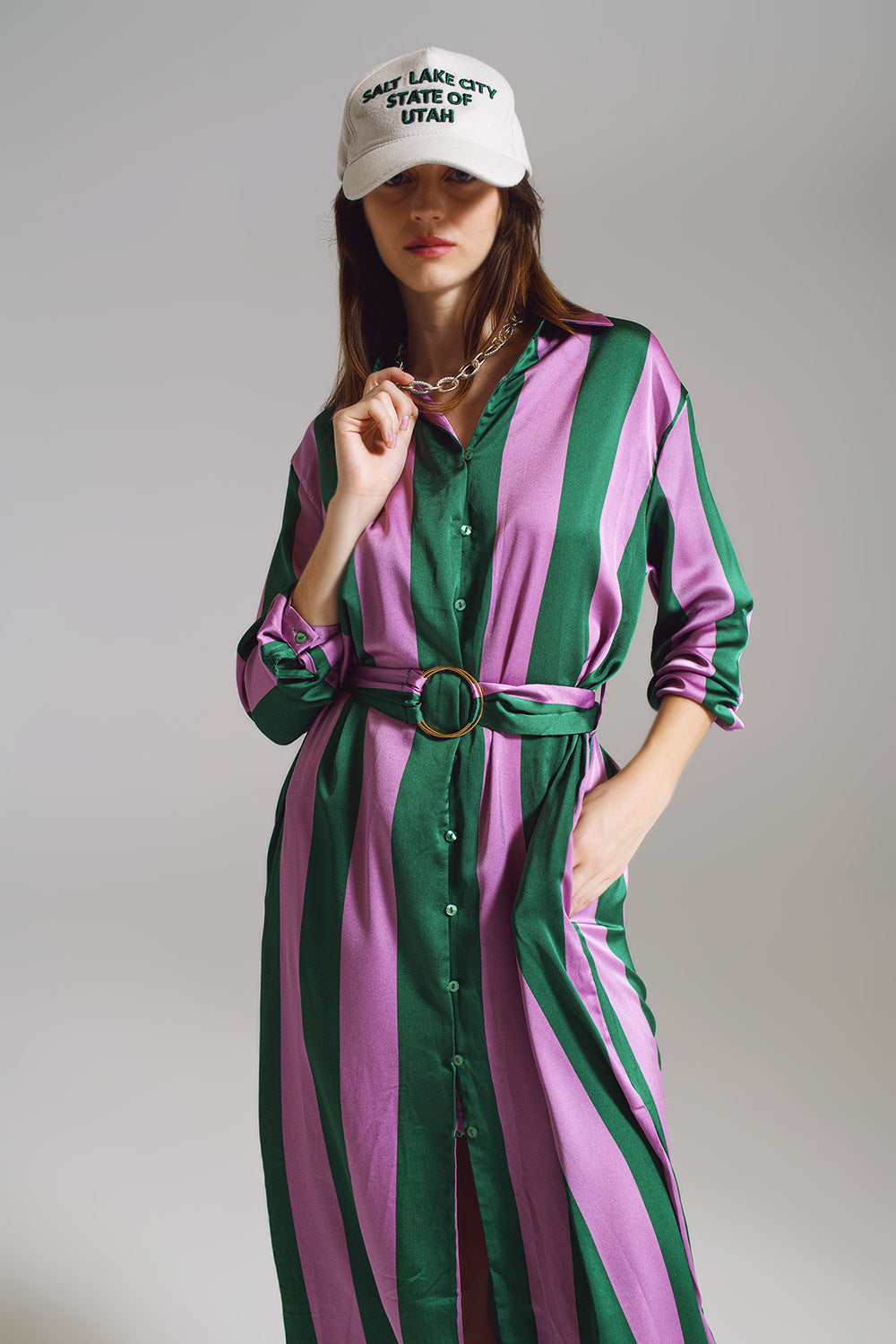 Q2 Lilac & Green Striped Shirt Dress