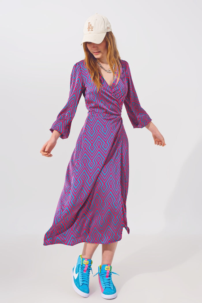 Q2 Stylish Geo Print Satin Wrap Dress