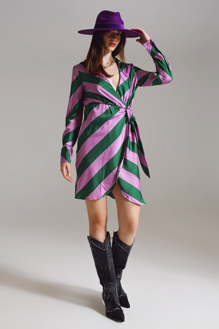 Q2 Satin Lilac & Green Striped Wrap Dress | DJV Boutique, Ipswich Q2 Satin Lilac & Green Striped Wrap Dress | DJV Boutique, Ipswich
