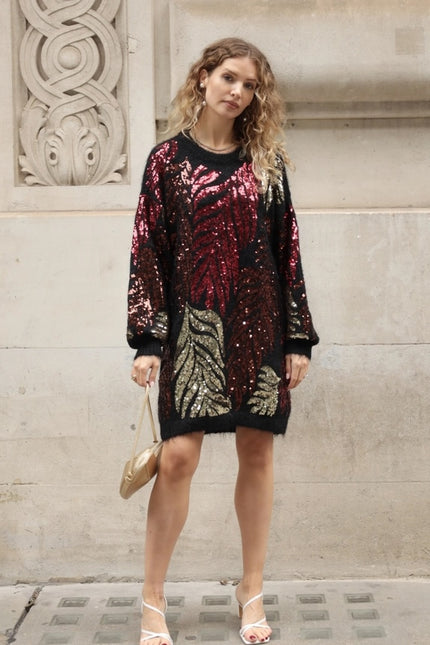 Sequin Leaves Pattern Jumper Dress Black