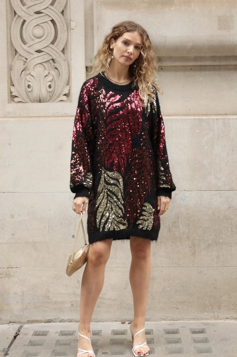 Sequin Leaves Pattern Jumper Dress Black