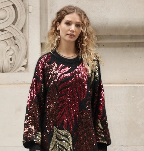 Sequin Leaves Pattern Jumper Dress Black