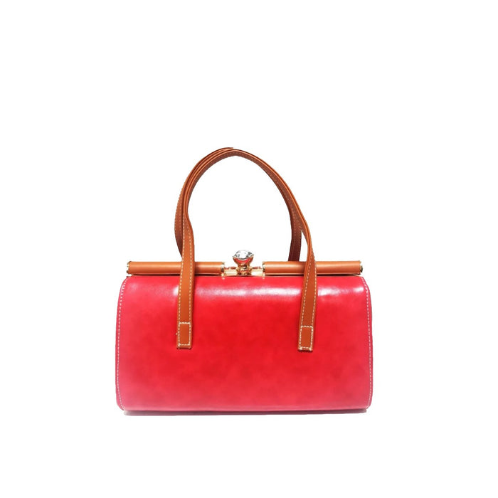 Structured Diamante Clasp Bag in Red/Tan