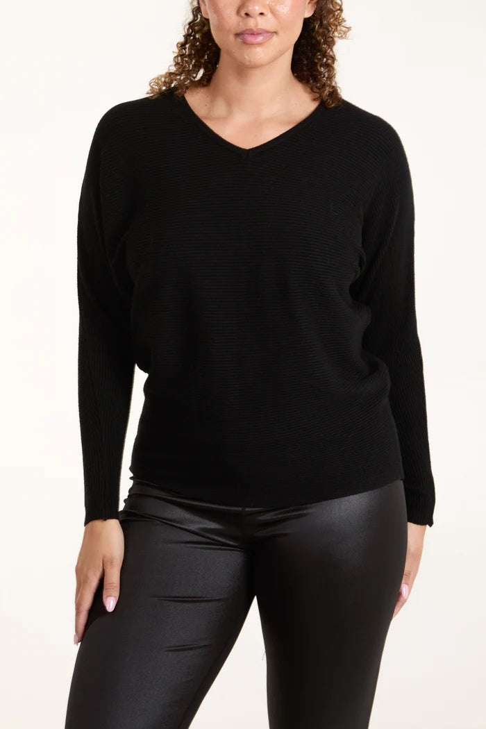 V-Neck-Lace-Back-Ribbed-Jumper-Black