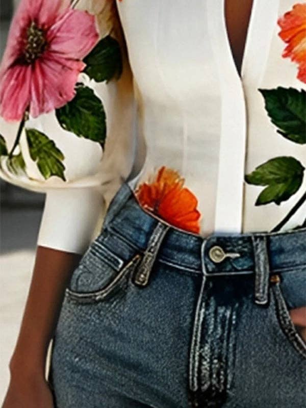 Puff sleeve white Blouse - bold floral print