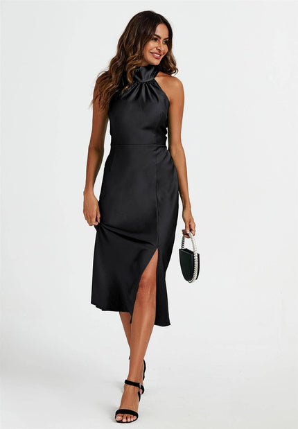 Satin Halter Neck Black Dress