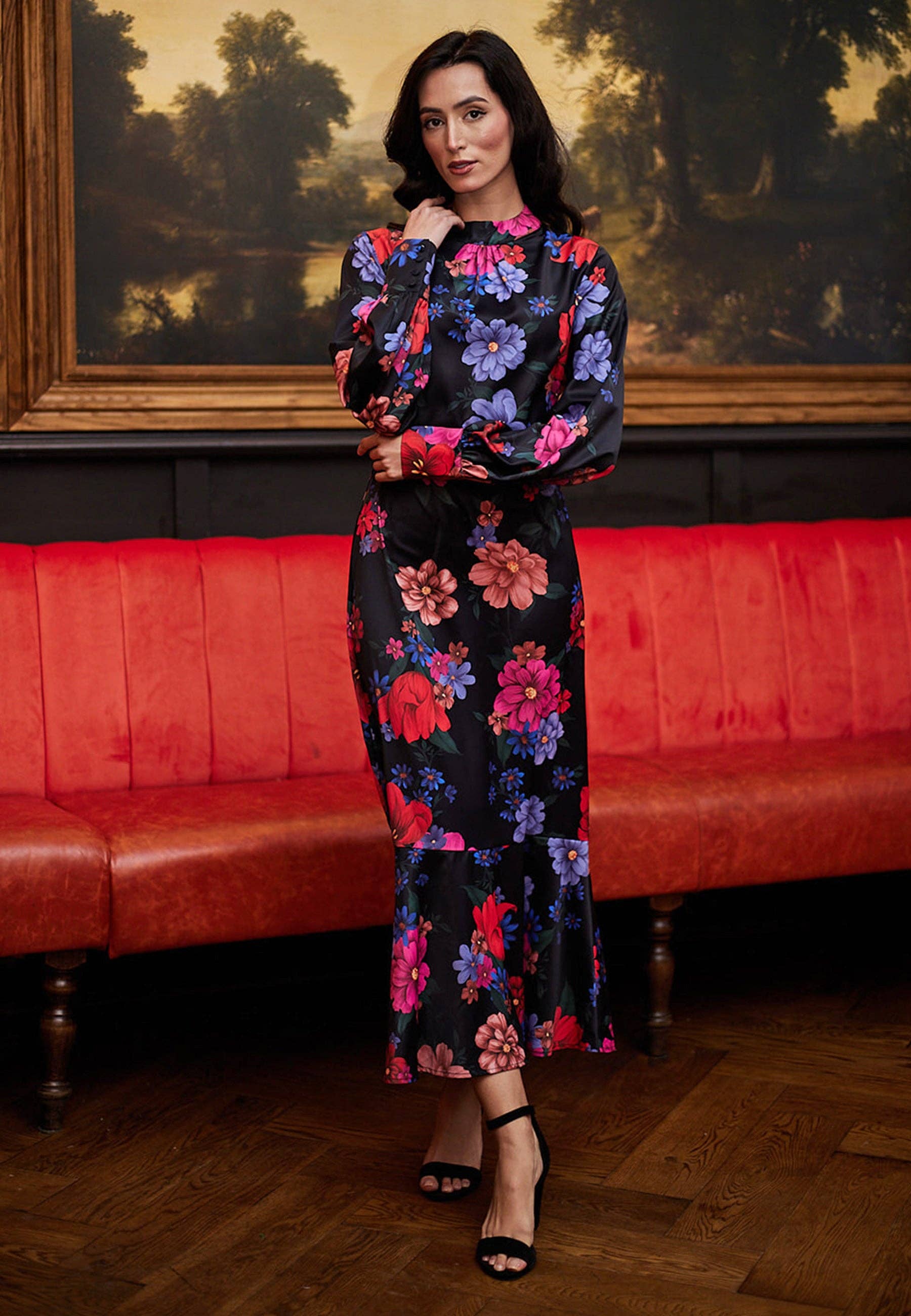 Elegant Black Satin floral Midi Dress