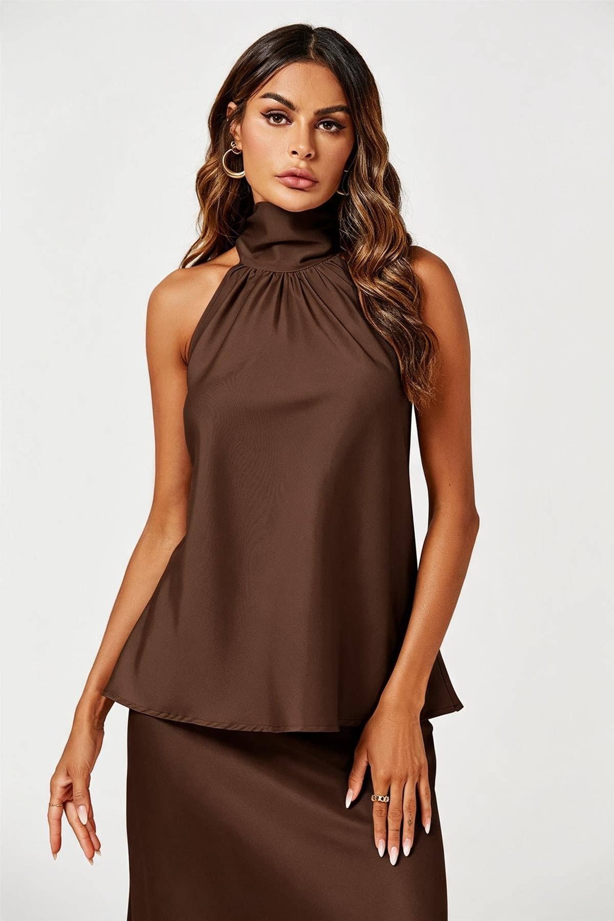 Brown Satin Halter Neck Top