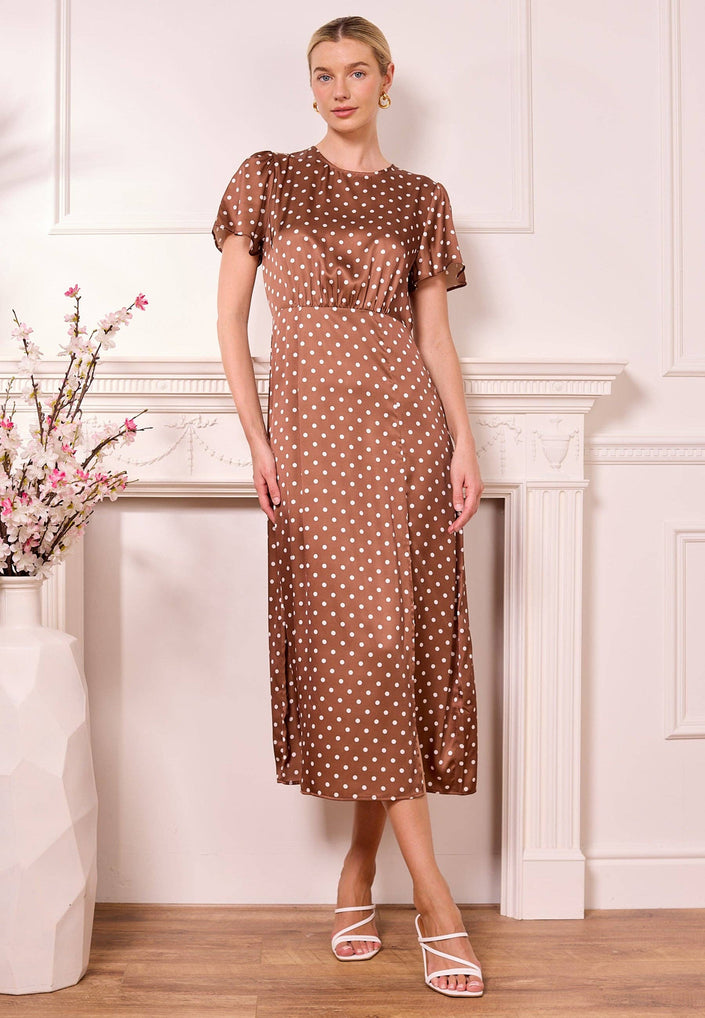 Angeleye Satin Polka Dot Dress - Brown
