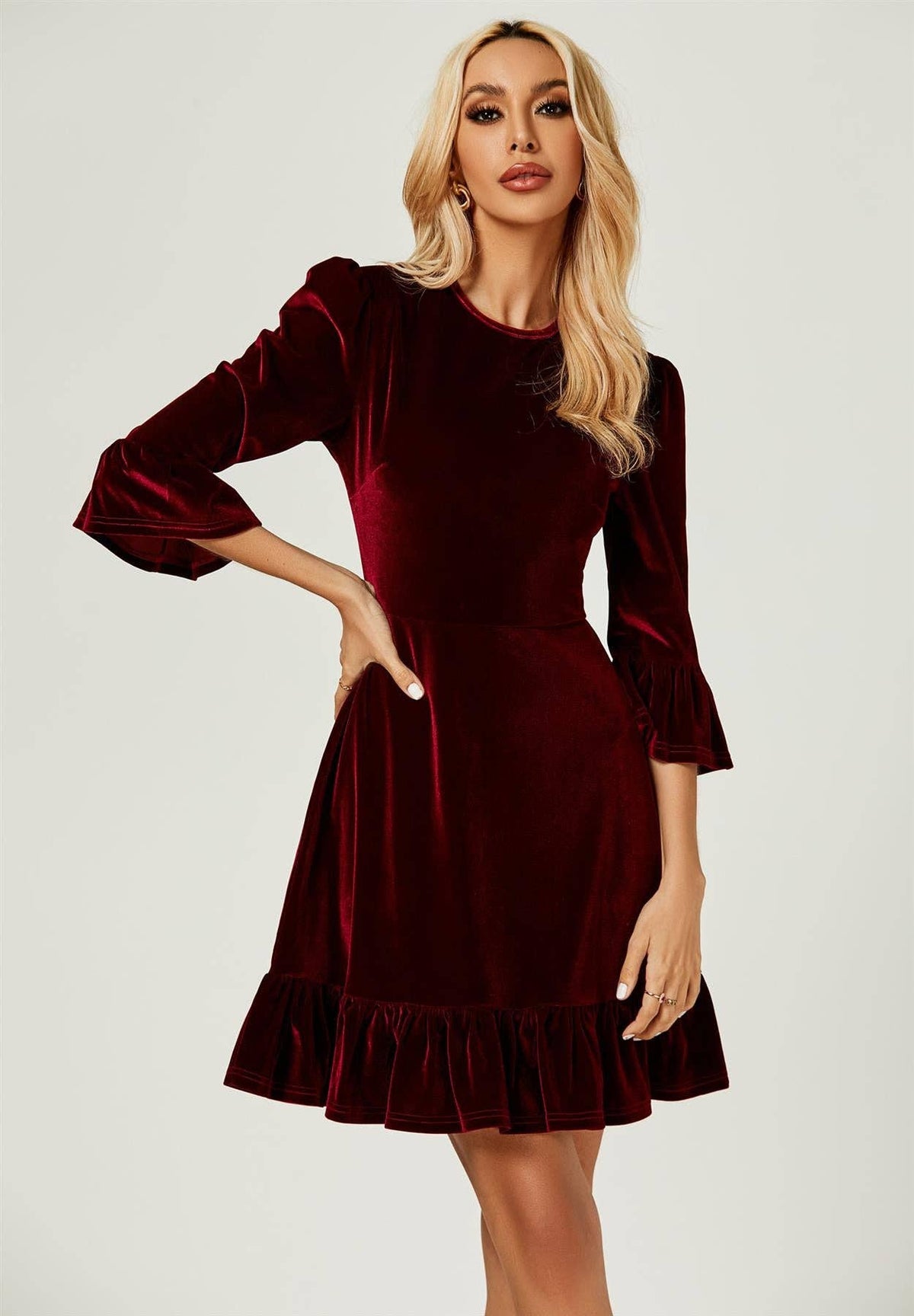 Wine Velour Frill Mini Dress