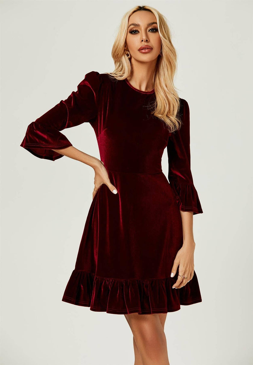 Wine Velour Frill Mini Dress