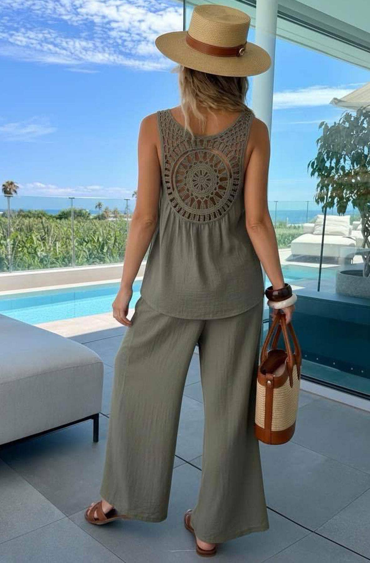 Crochet Back Top / Wide Leg Trouser