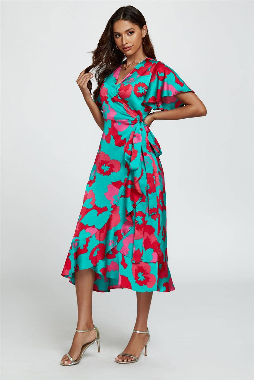 Abstract Floral Turquoise/Pink Wrap Dress