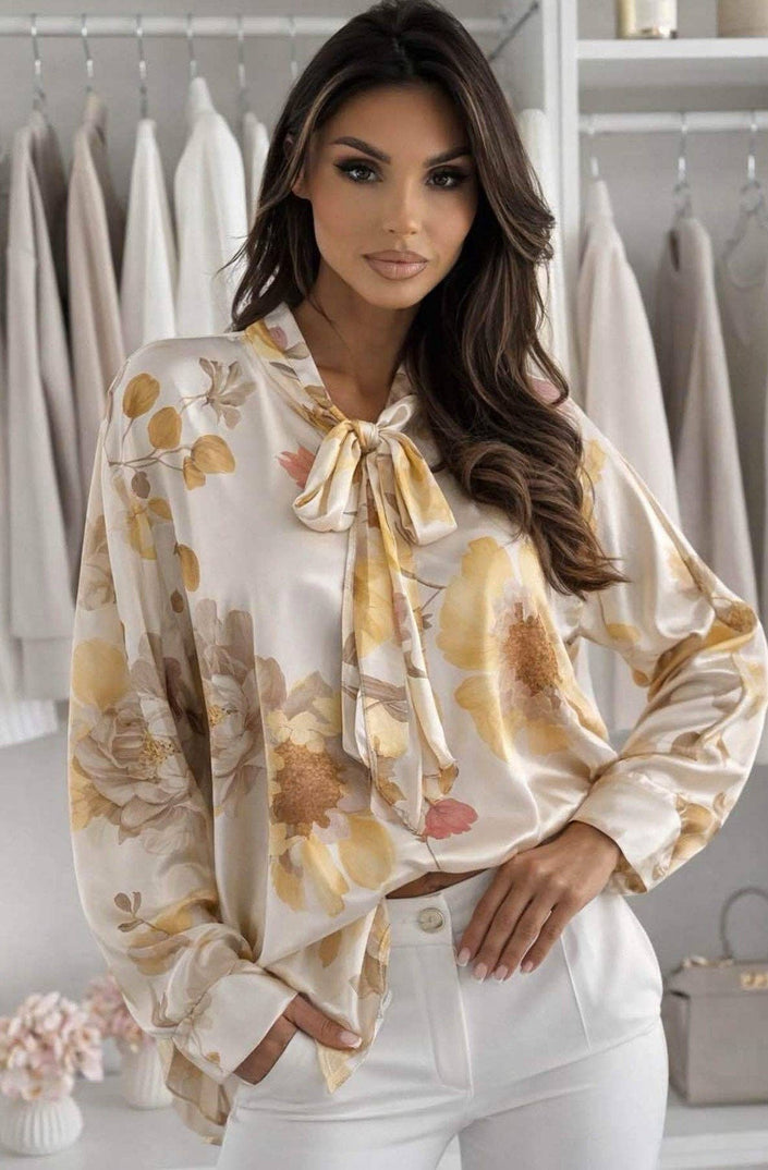 Retro Look Floral Tie-Neck Blouse