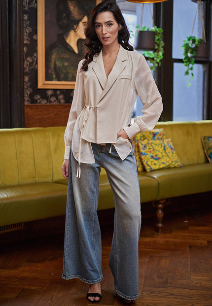 Sheer Wrap Over Blouse-Beige