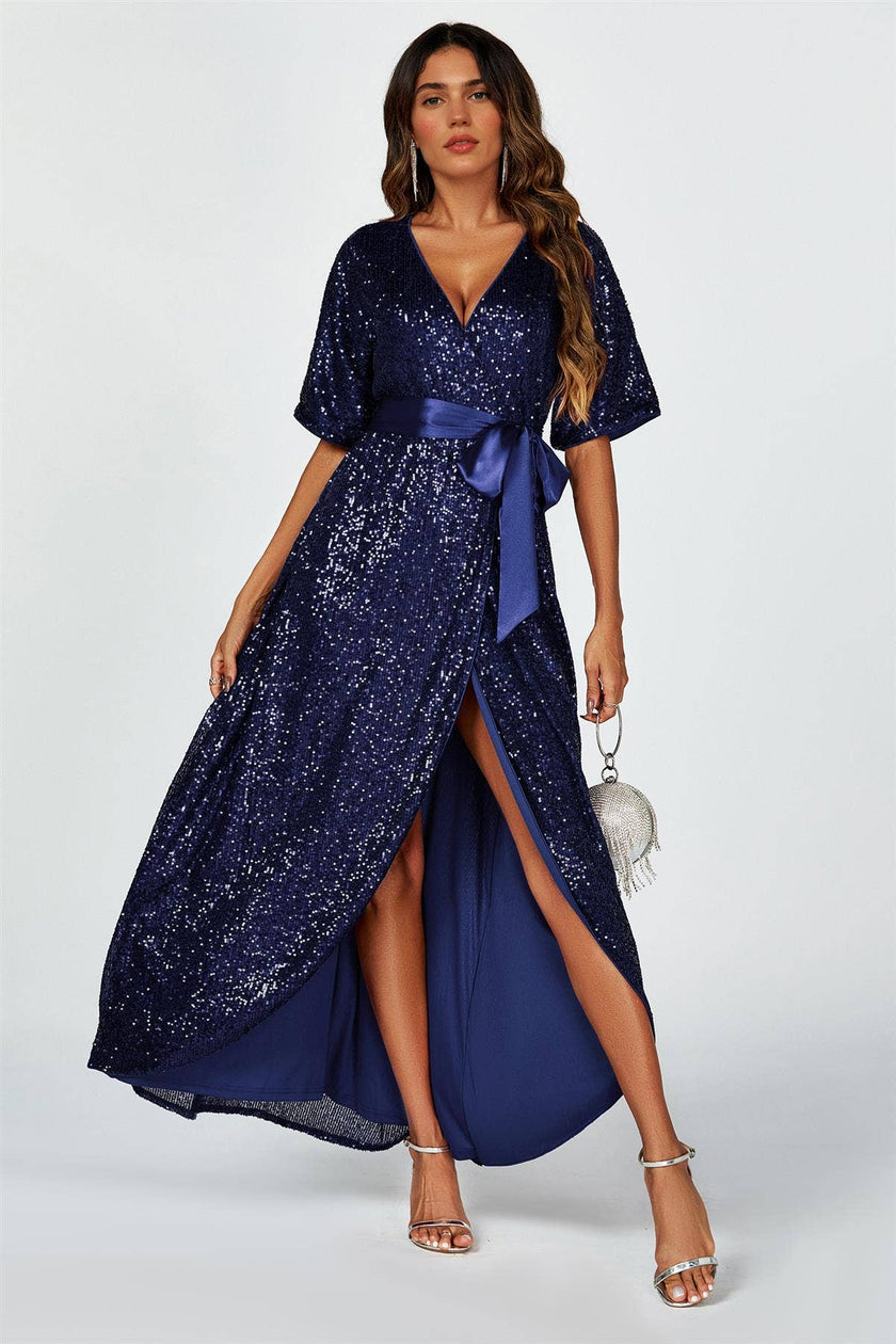 Navy Sequin Wrap Dress