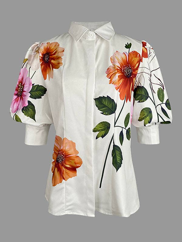Puff sleeve white Blouse - bold floral print