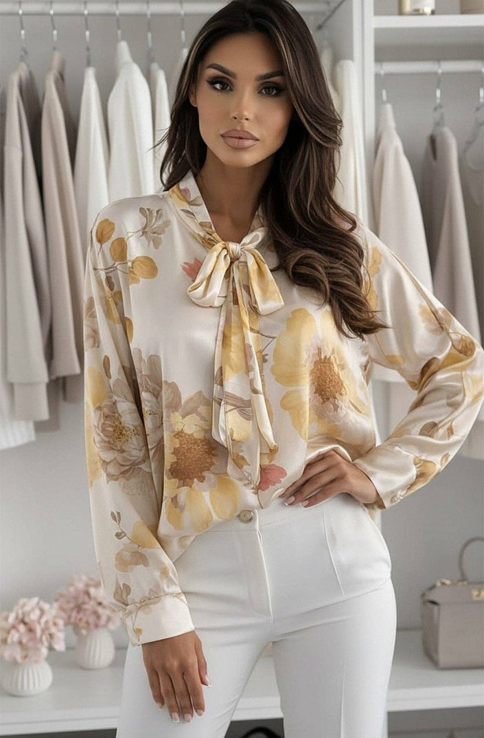 Retro Look Floral Tie-Neck Blouse