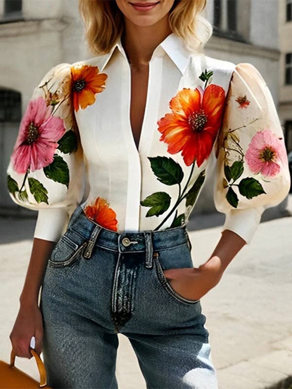 Puff sleeve white Blouse - bold floral print