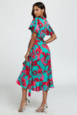 Abstract Floral Turquoise/Pink Wrap Dress