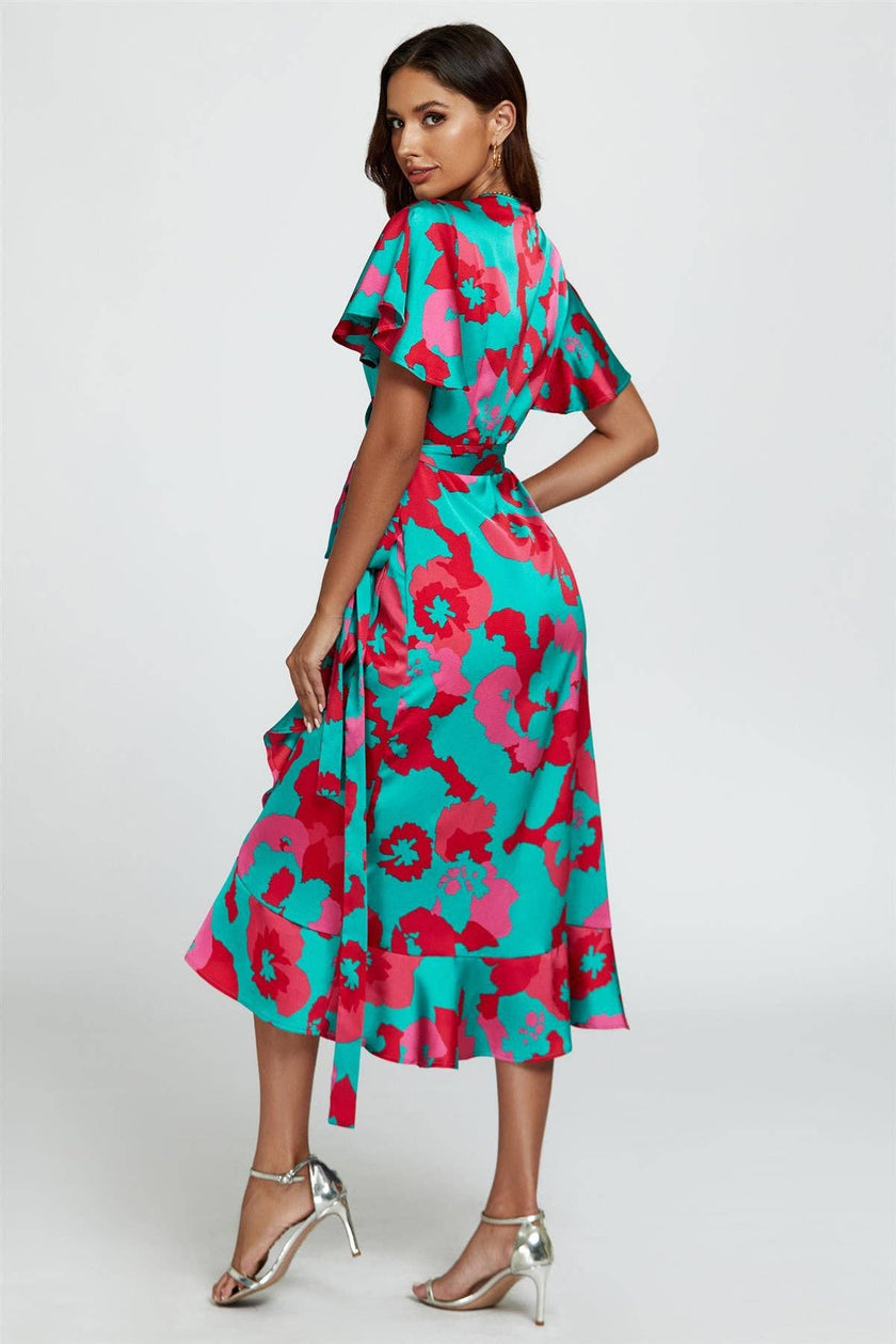 Abstract Floral Turquoise/Pink Wrap Dress