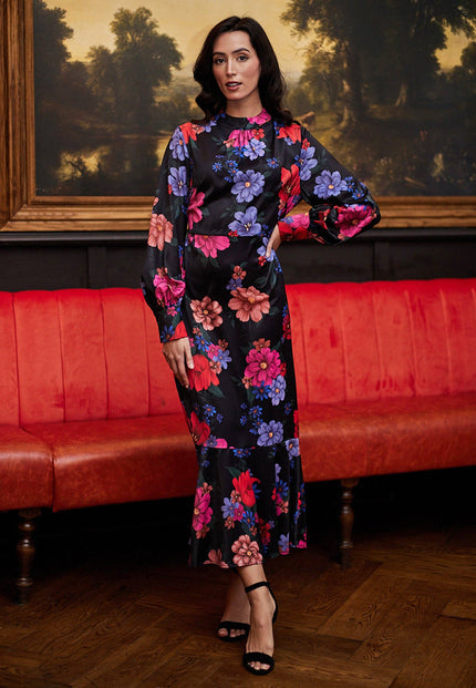 Elegant Black Satin floral Midi Dress