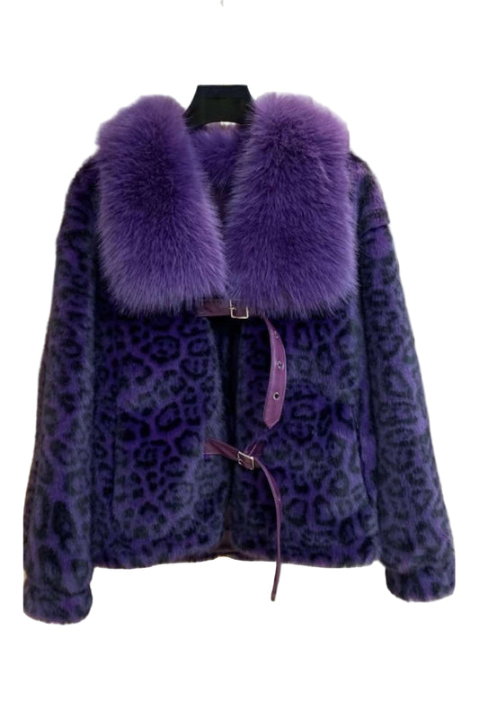 Leopard Print Faux Fur Padded Jacket in Purple