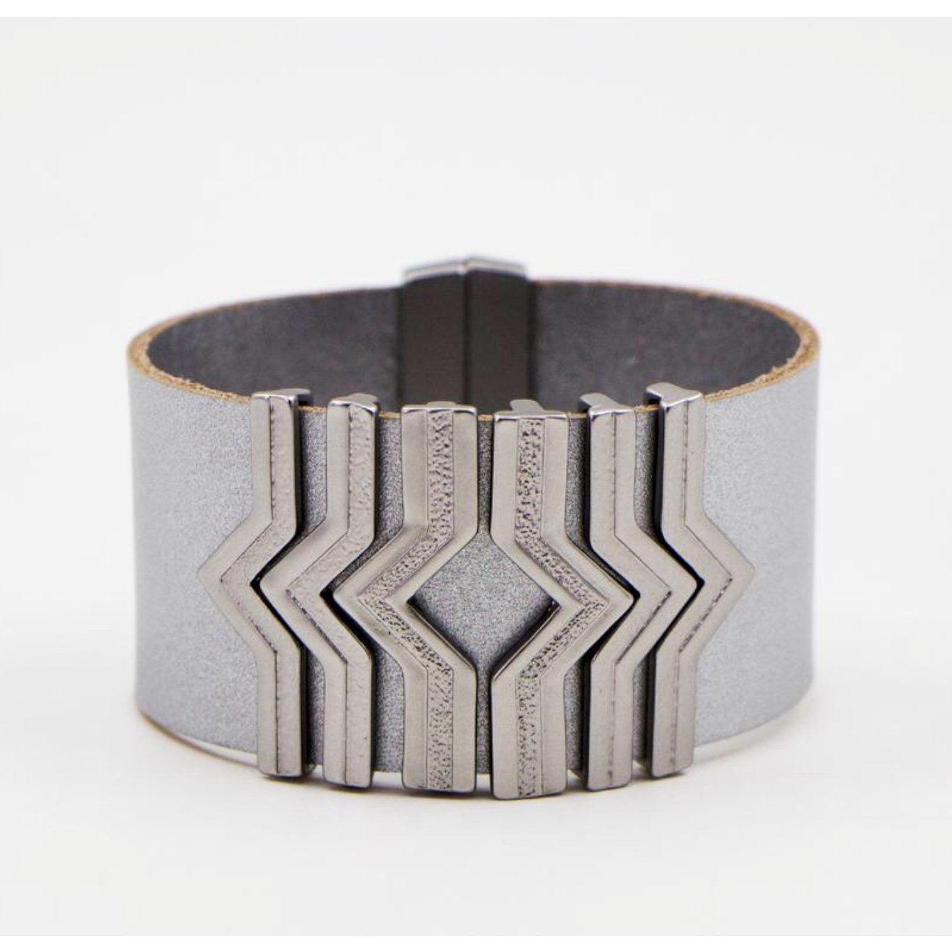 Geometric Silver Effect Leather Cuff