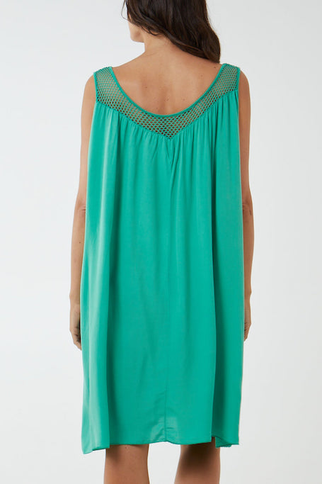 Loose Fitting Jade Dress With Mesh Neckline