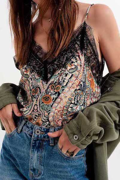 Q2 Paisley Satin Cami Top with Black Lace