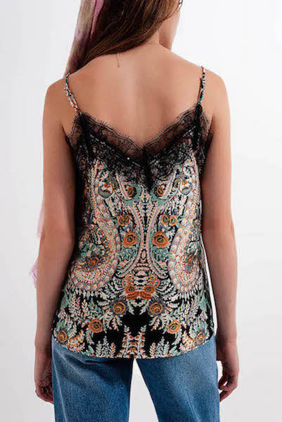 Q2 Paisley Satin Cami Top with Black Lace