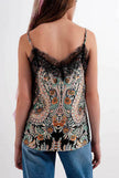 Q2 Paisley Satin Cami Top with Black Lace