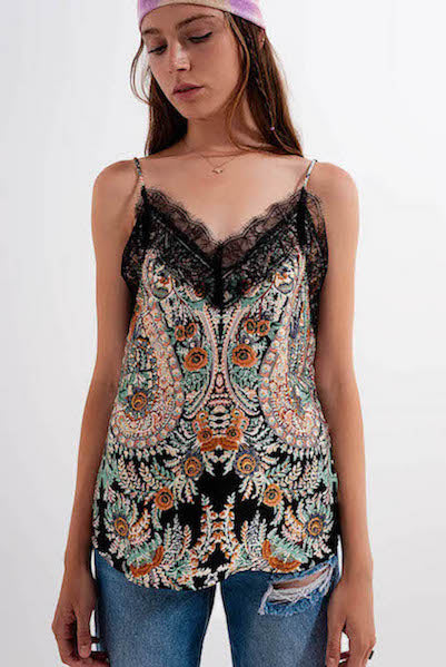 Q2 Paisley Satin Cami Top with Black Lace