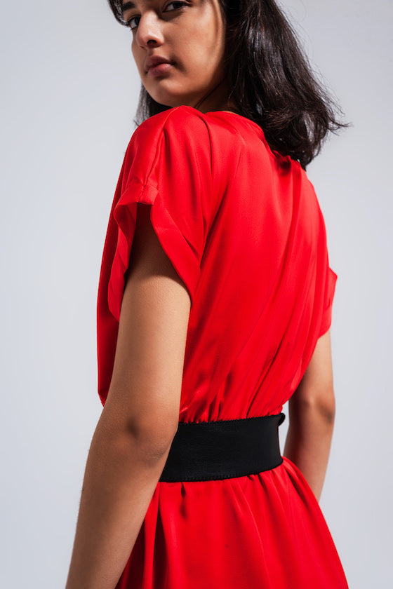Q2 Red Satin Belted Wrap Dress - SPECIAL OFFER