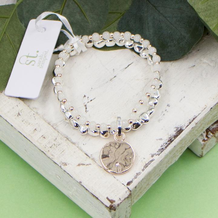 Double Strand Beaded Bracelet with Soft Hammered Circle Charm