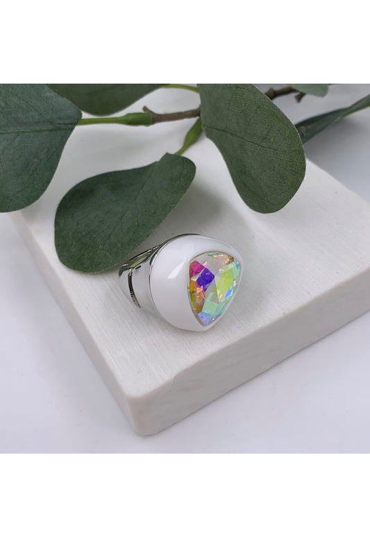 White_Stretchy_Ring with_Iridescent_Multi_Coloured_Gem_DJV_Boutique