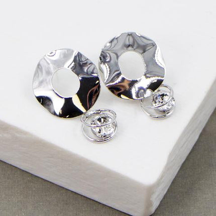 XW07E_Textured Open Circle & Encased Crystal Detail Earrings_Silver_Effect_DJV_Boutique